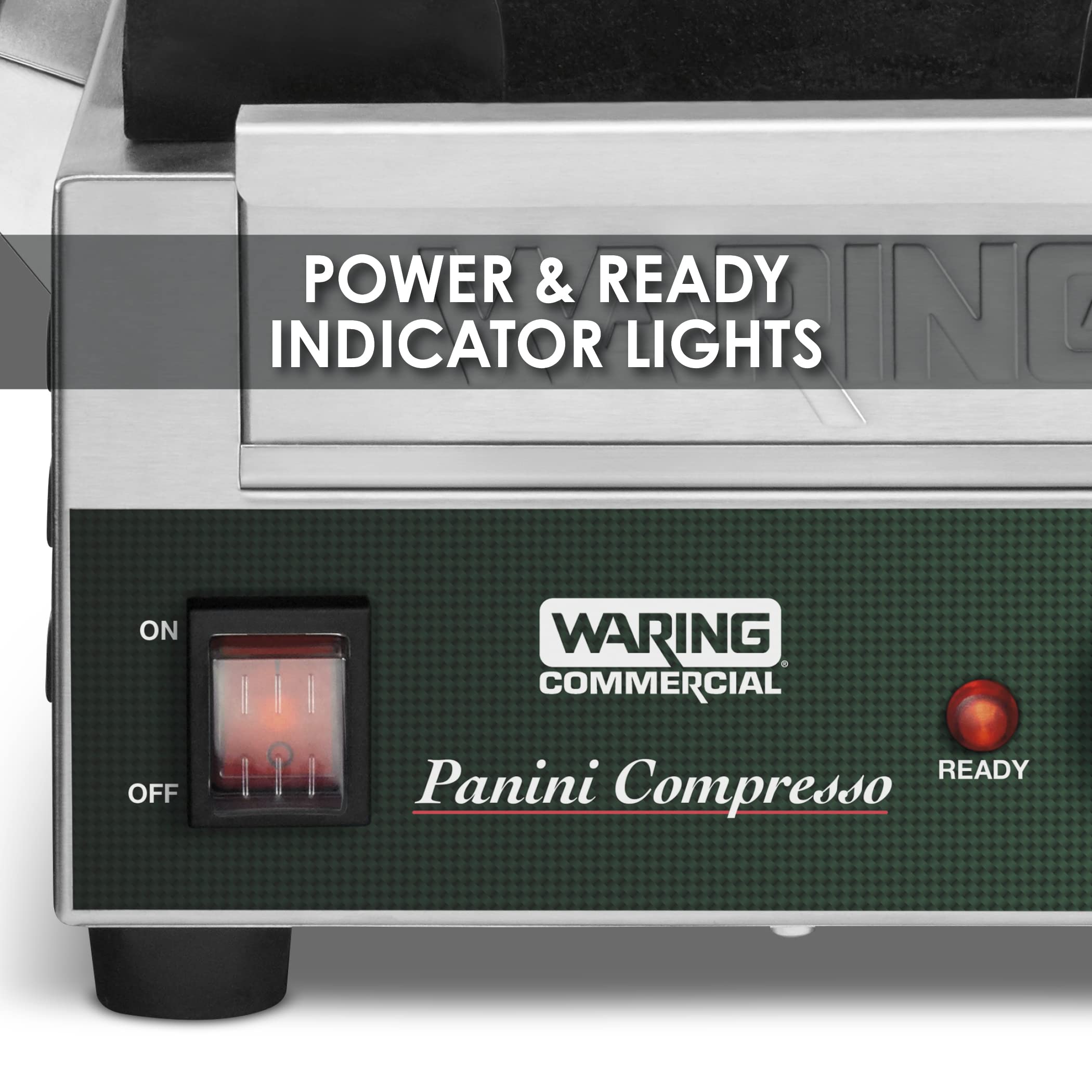 Waring Commercial WPG200 Panini Compresso Slimline Ribbed Grill, 120V, 1800W, 5-15 Phase Plug