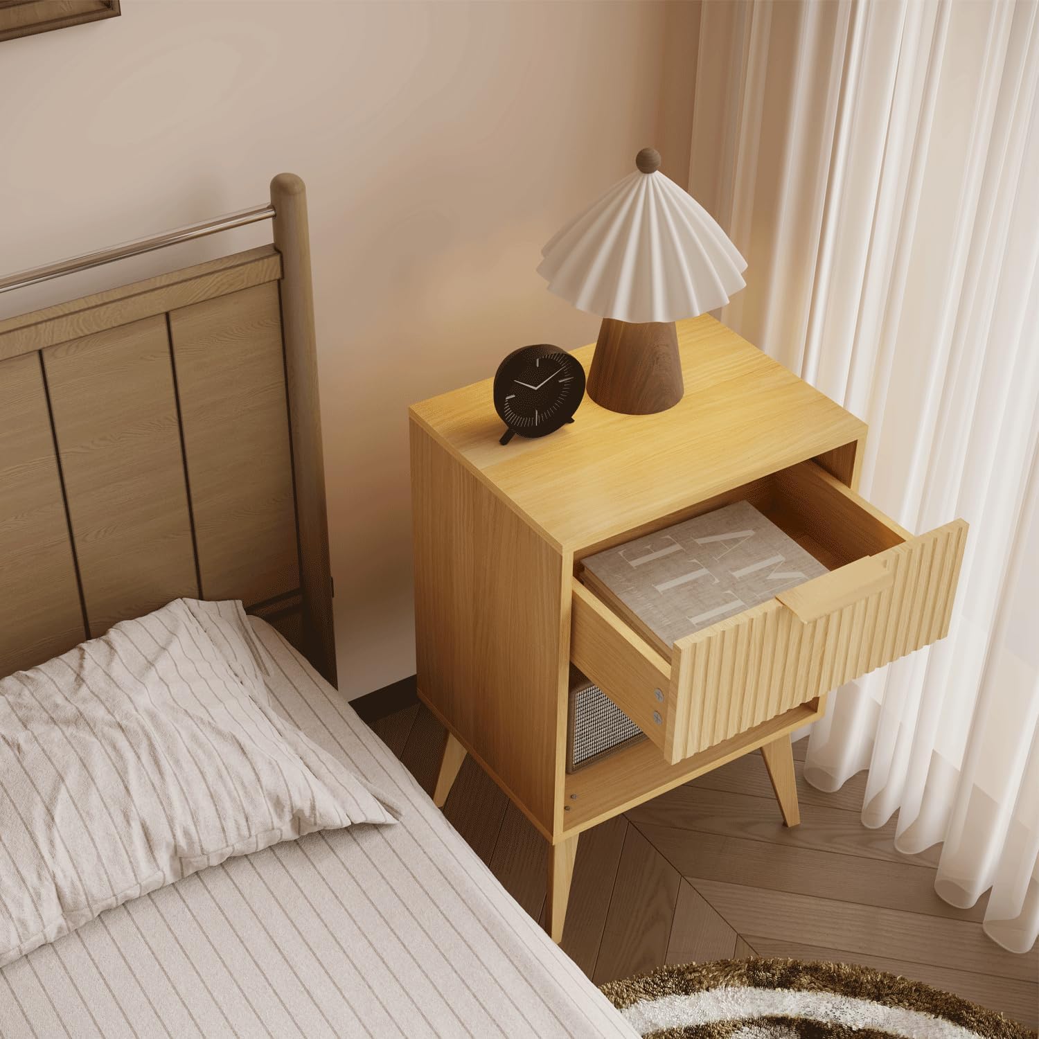 Fluted Night Stand with Opening Storage,Mid Century Bedside Table with Drawer,Wood Nightstand with Solid Wood Legs,End Table Side Table for Living Room,Bedroom,Natural CTG56Y - Image 4