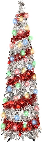 Miniatura 8 de Árbol de Navidad desplegable negro de 5 pies, árbol de Navidad artificial plegable, lápiz de oropel de Halloween con luz (90 LED), decoración de