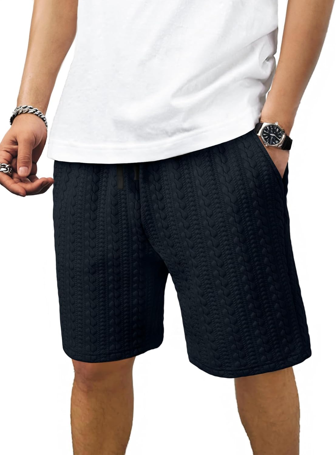 JMIERR Men's Casual Shorts 7.5 Inch Cable Knit Drawstring Elastic Waist Summer Beach Sweat Shorts for Lounge & Vacation