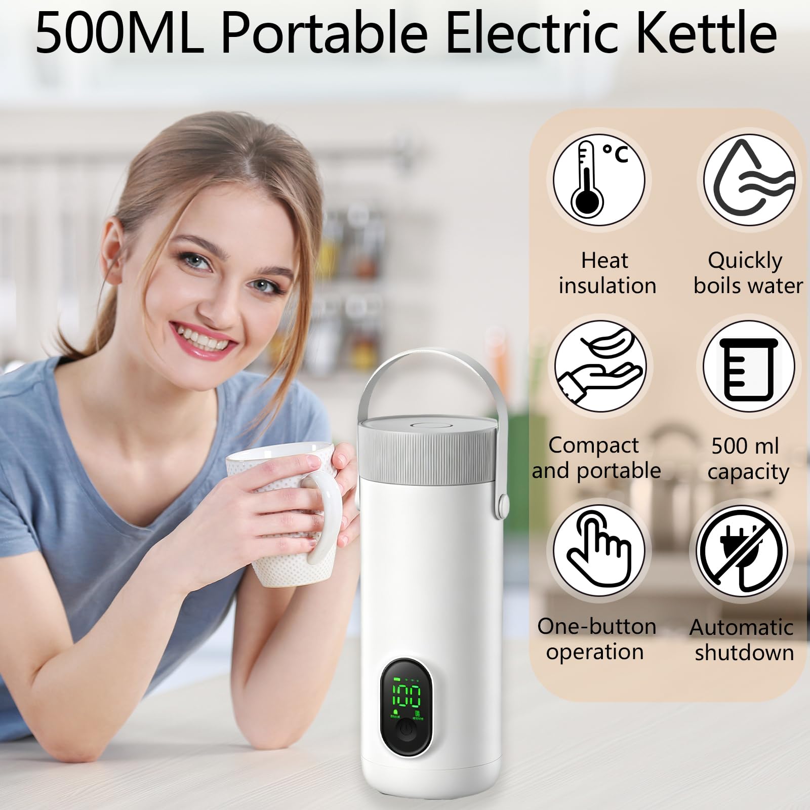 Hervidor Eléctrico Portátil, 500ml Pequeño Hervidor de Agua Eléctrico, 6 Ajustes de Temperatura, Acero Inoxidable 304, Calentamiento Rápido en 15 Minutos, para Hacer Leche Café Té