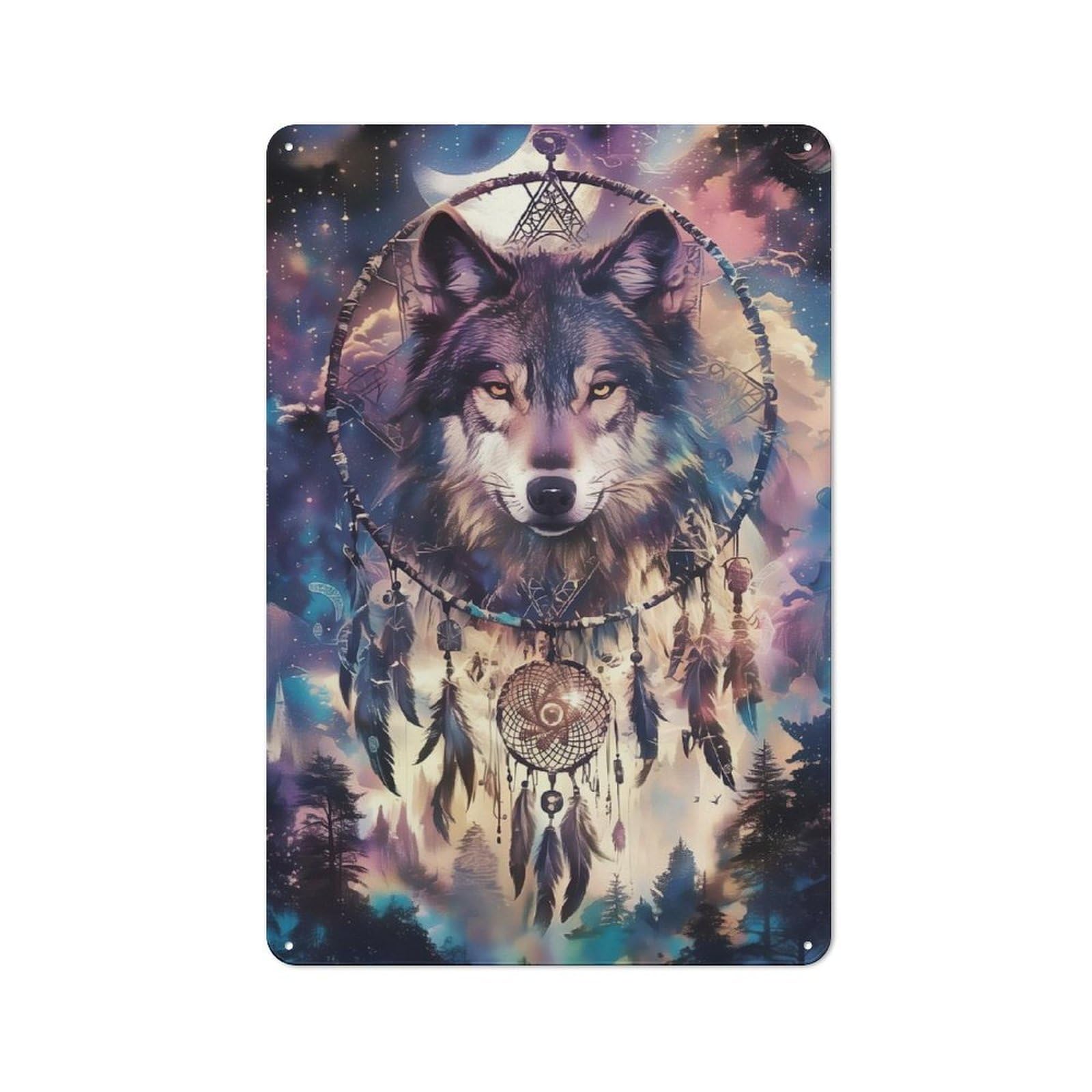 Junmoney Wolfs Dreamcatcher Dream Retro Metal Plaque 30X20cm Featuring For Garage Wall, A Winter Wall Decor Update For Workshop Decor Fans