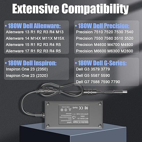 Miniatura 3 de Cargador para portátil de 180 W compatible con Dell Inspiron One 2350 2320 Precision 15 17 7560 7510 7520 7530 7550 3530 7710 7730 5530 M4600 M4700