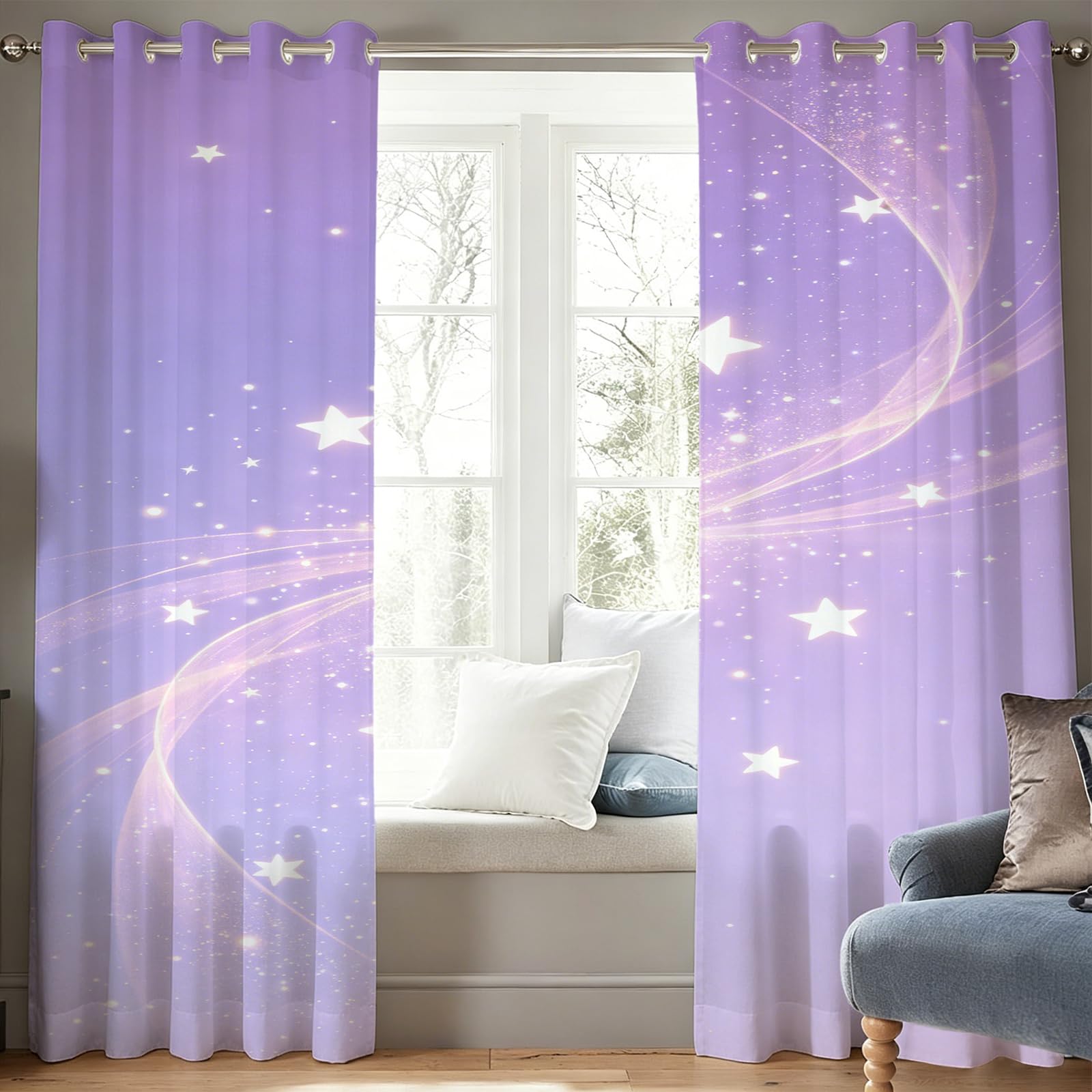 Verdunklungsgardine Weiße Sterne Ösenvorhang 2er Set H183 x B117 cm 3D Sternenhimmel-Motiv Kurze Blickdichte Gardinen Vorhang Thermo Hitzeschutz für Schlafzimmer Wohnzimmer C.1948