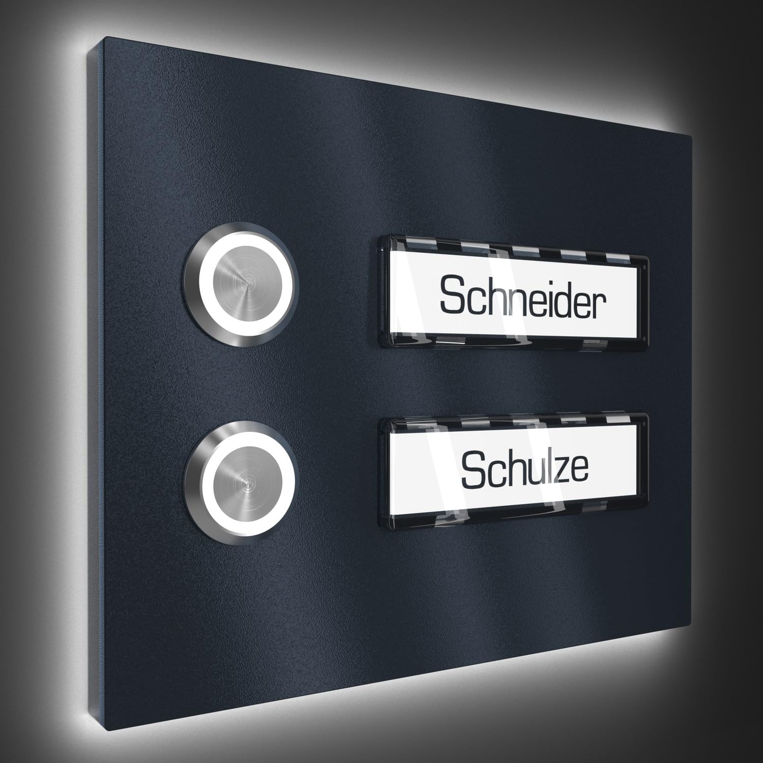 Mehrfamilien Aufputz Türklingel mit LED Klingeltaster 2 Namensschilder - V2A Edelstahl Klingel 140x115 mm Pulverbeschichtet RAL 7016 - Name Beleuchtung wählbar Zweifamilienhaus