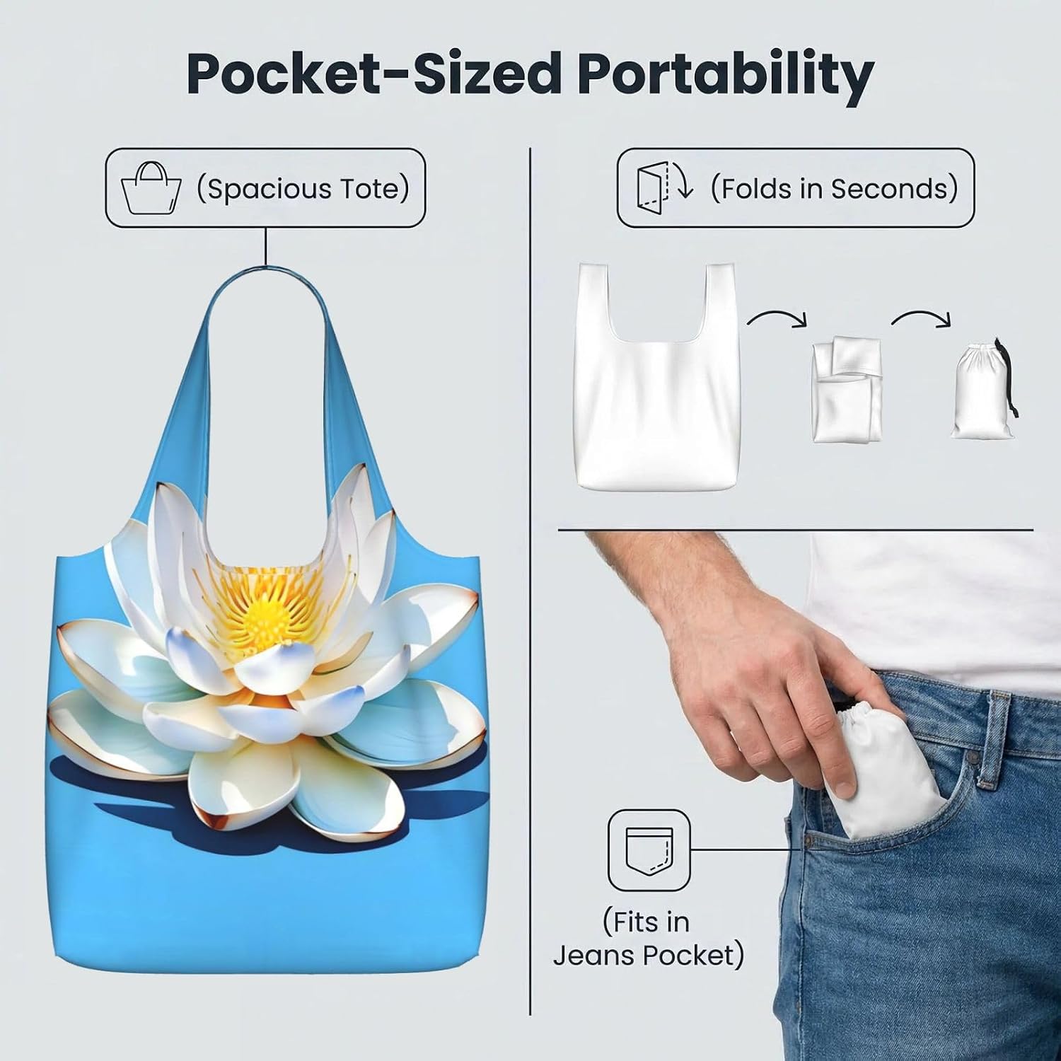 Reusable Shopping Bags Lightweight Foldable Grocery Bags In Pocket,Washable Large Tote Bags Asian Lotu‘s Pattern Travel Shoulder Bag Gifts For Women Men image 5