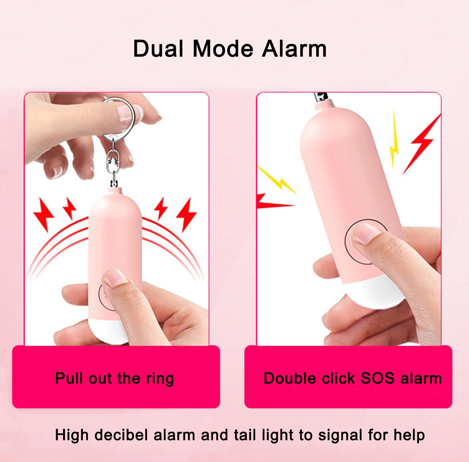 Pack de 2 alarmas personales de 130 dB según recargables, aviso de batería débil, alarma de seguridad ruidosa con luz de emergencia LED, llavero para mujeres, niños, personas mayores,