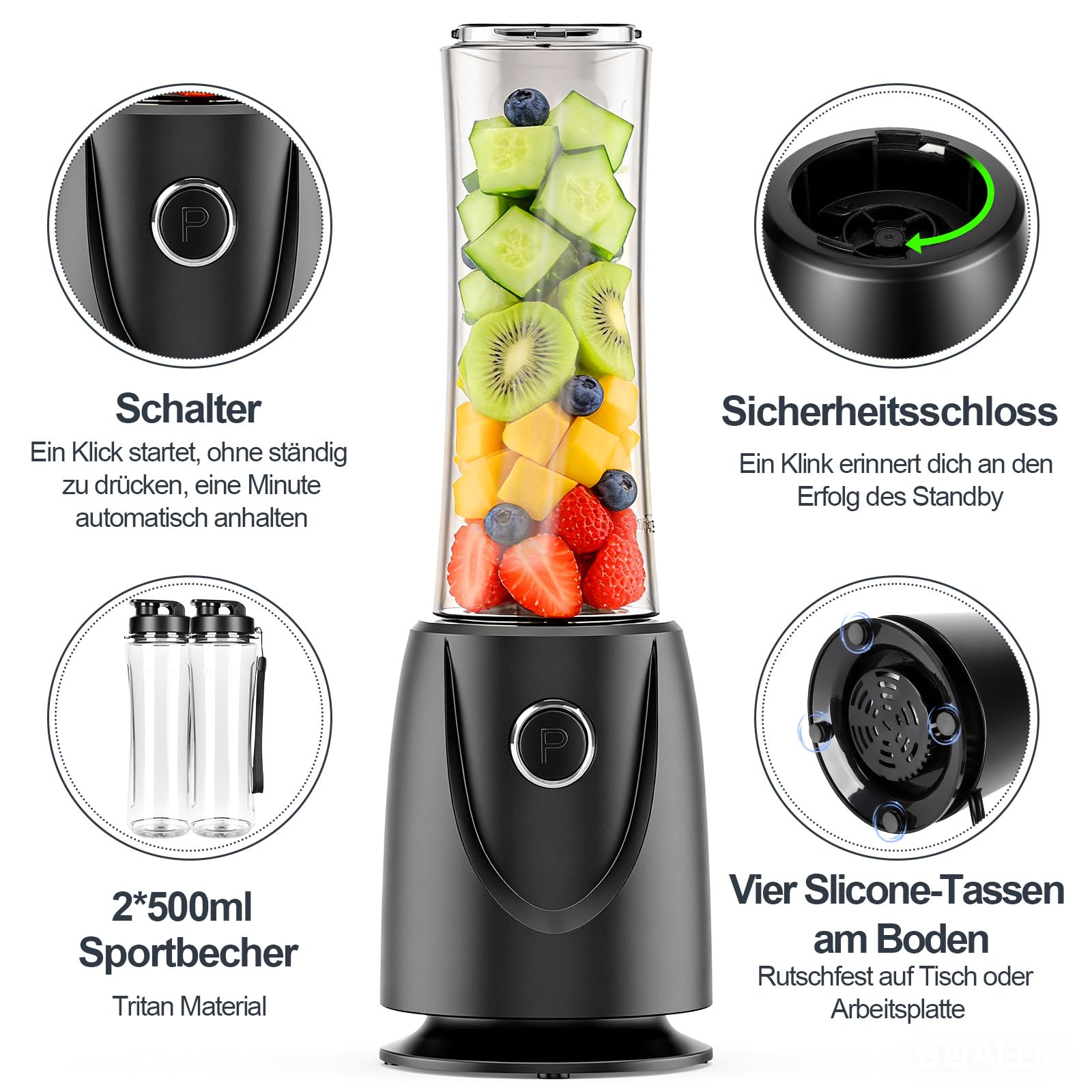 OMMO Batidora de Vaso, 500W Batidora Smoothies con 2 Botellas Tritan de 500 ml Libre de BPA, Mini Licuadora Portatil para Zumos, Batidos, Verduras, Frutas, Fácil de Limpiar, Negro