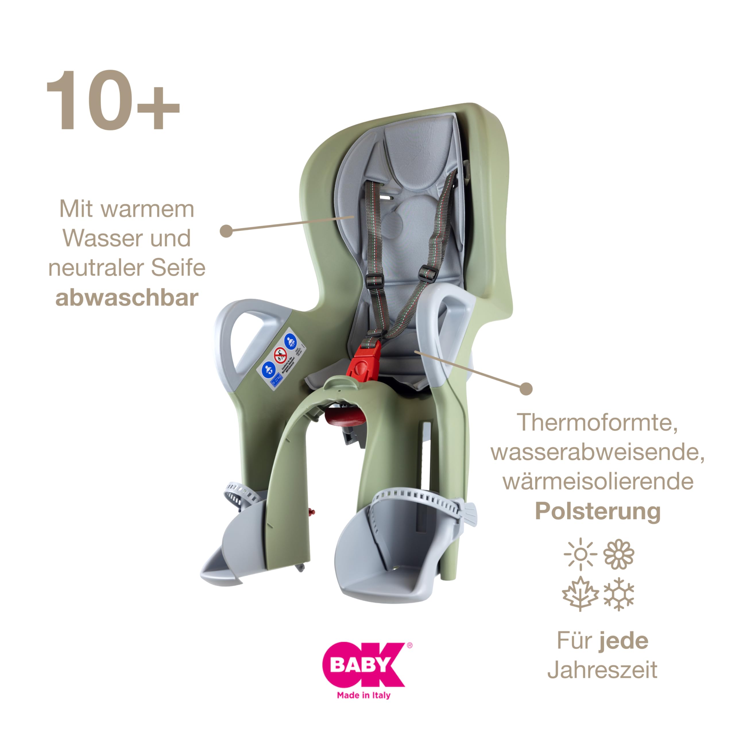 OKBABY 10+ - Fahrradsitz hinten für Kinder bis 22 kg mit Liegefunktion - Salbeigrün