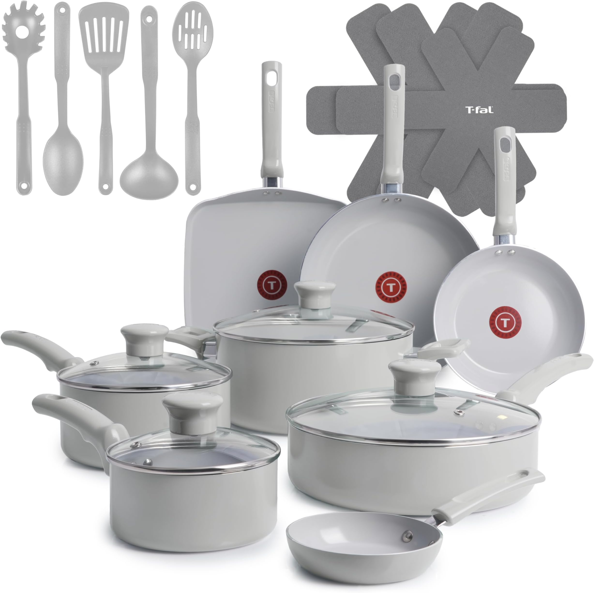 Refresh Ceramic Pots and Pans Set, 20-Piece Nonstick Cookware Set, Stockpot, Griddle, Frying Pans, Utensils, Moon Grey