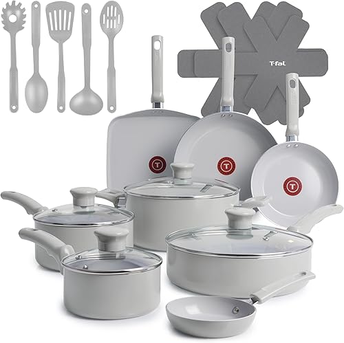 T-Fal Refresh - Juego de ollas y sartenes de cerámica, juego de utensilios de cocina antiadherentes, 20 piezas, olla, plancha, sartenes, utensilios,