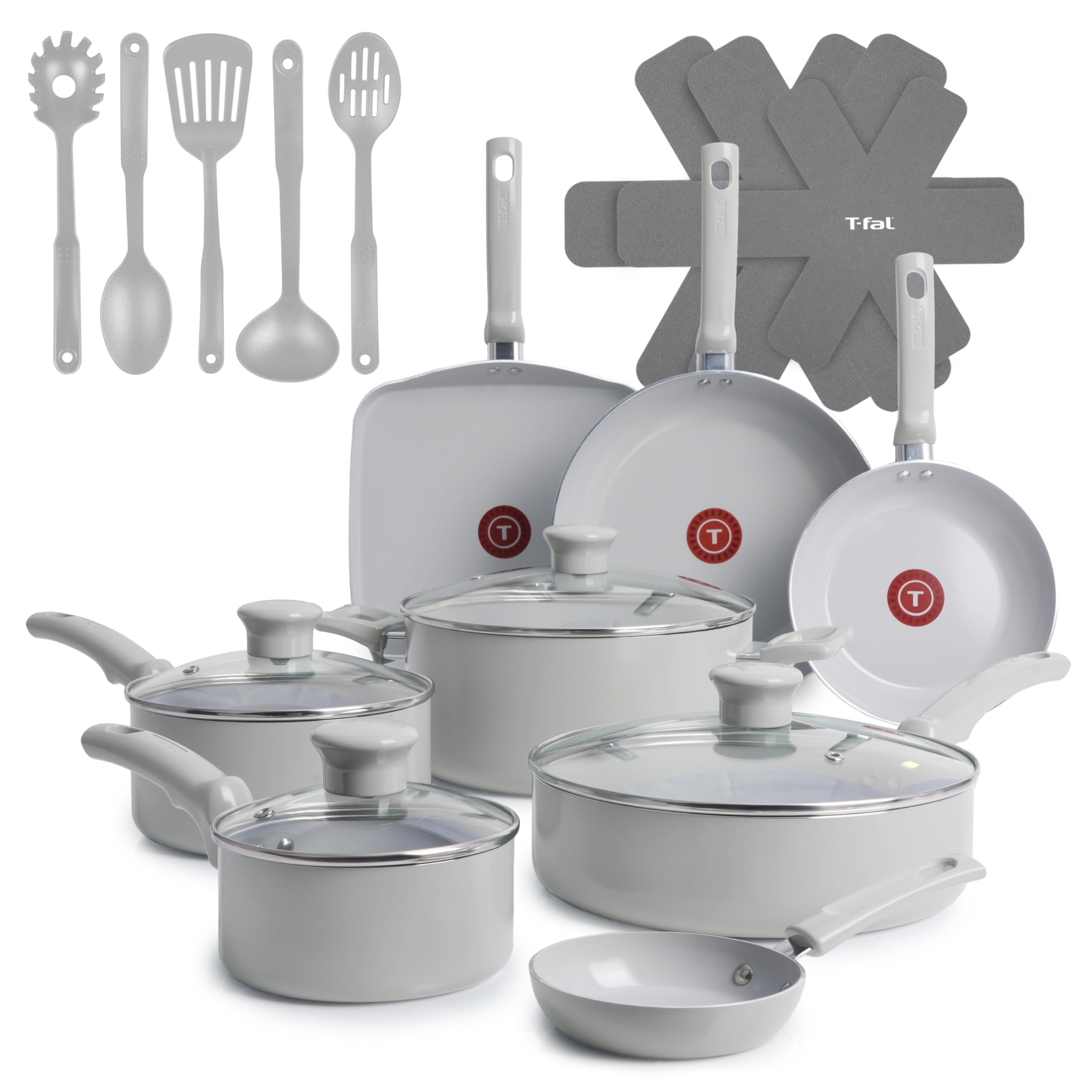 T-Fal Refresh Ceramic Pots and Pans Set, 20-Piece Nonstick Cookware Set, Stockpot, Griddle, Frying Pans, Utensils, Moon Grey