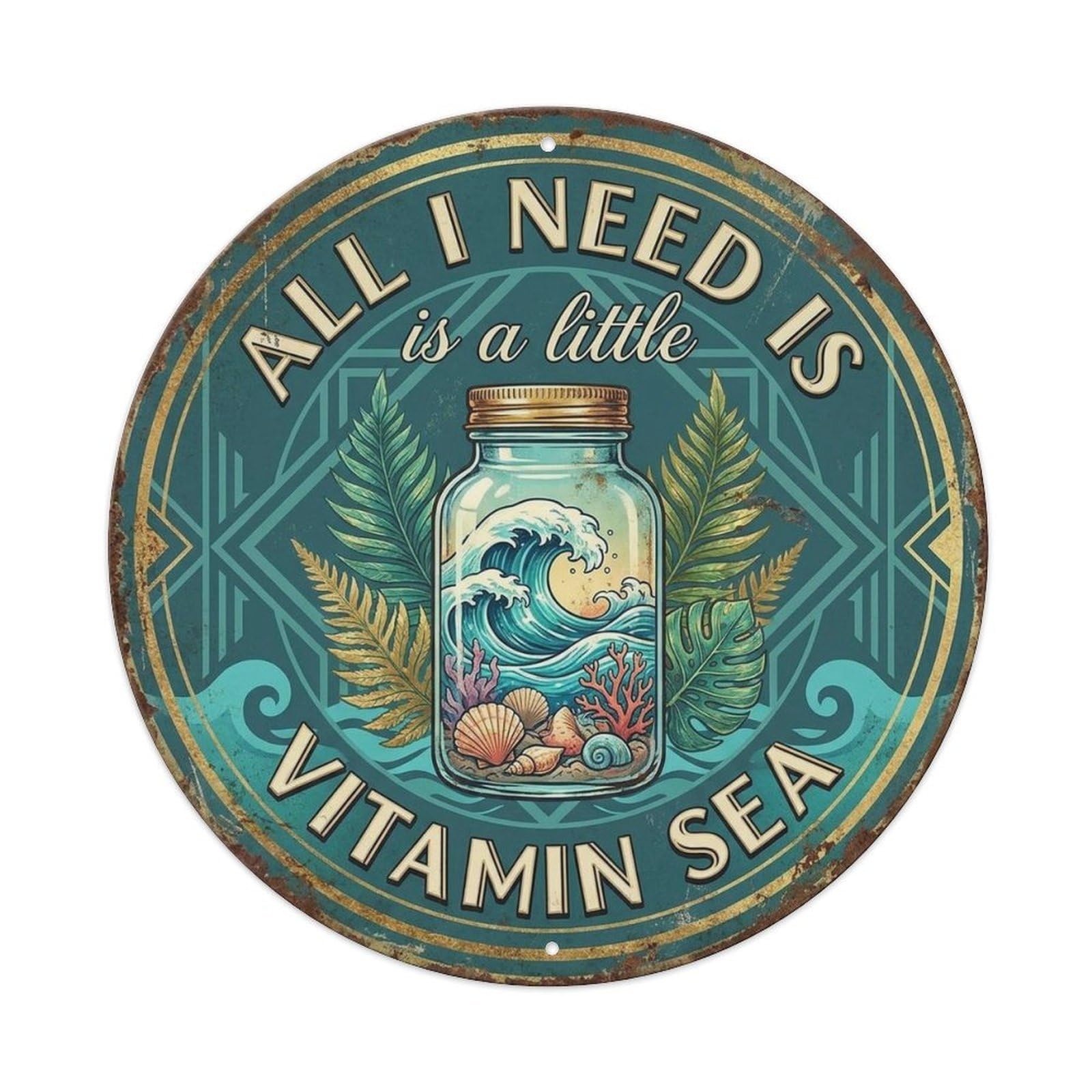 Sea Breeze Wellness Beach Life Retro Coastal Ocean Waves Tropical Metal Tin Sign Plaque Wall Decor for Cafe, Man Cave, Club Bar, Office, Home Garden Round Metal Poster 8x8Inch