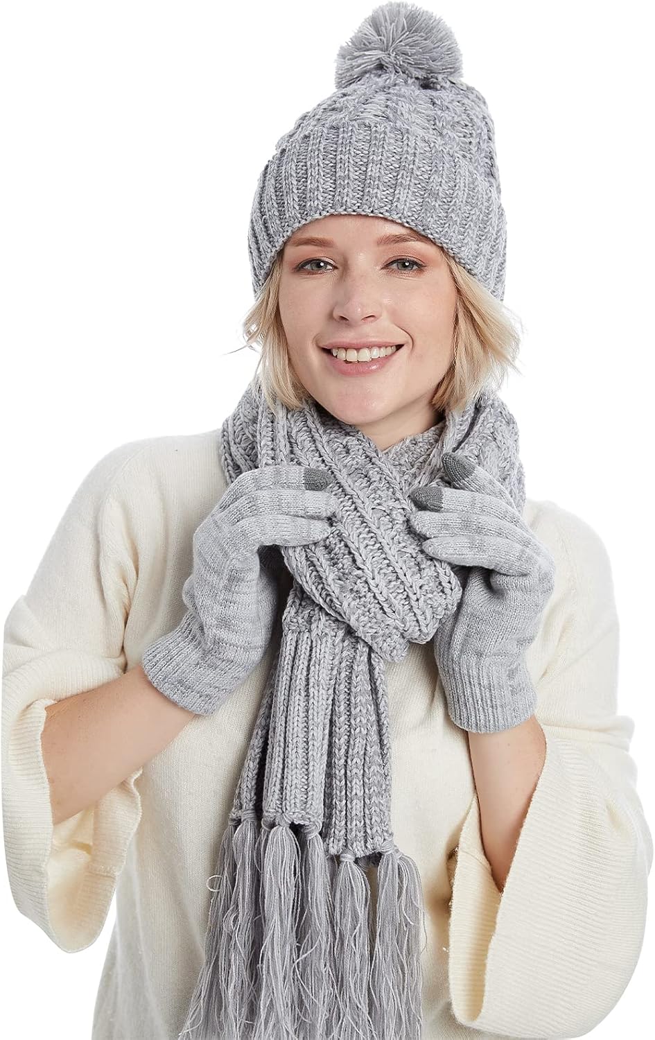 IDOWELA Womens Cable Knit Beanie Hat Scarf Glove Set, Fleece Lined