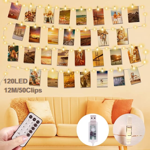 AxiwoIntl Photo Clips String Light - 12M 120LEDs Photo Peg Fairy Lights with Remote 50 Clips, USB Powered Hanging String Photo Decorations for Bedroom Indoor Christmas Birthday Tapestry Wedding Party