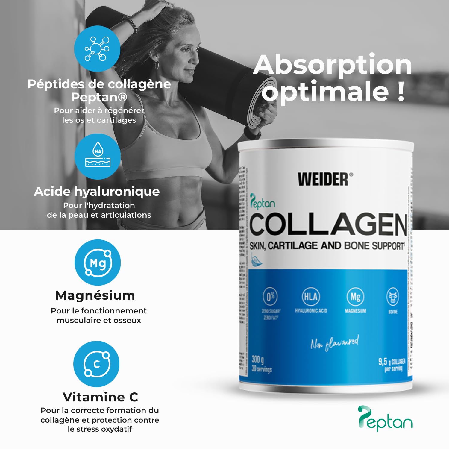 Weider Collagen Pack DUO. Peptide de collagène hydrolisé Peptan Enrichi d’acide hyaluronique, de magnésium et de vitamine C. Pour la santé des os et des articulations. Sans arôme. 300g