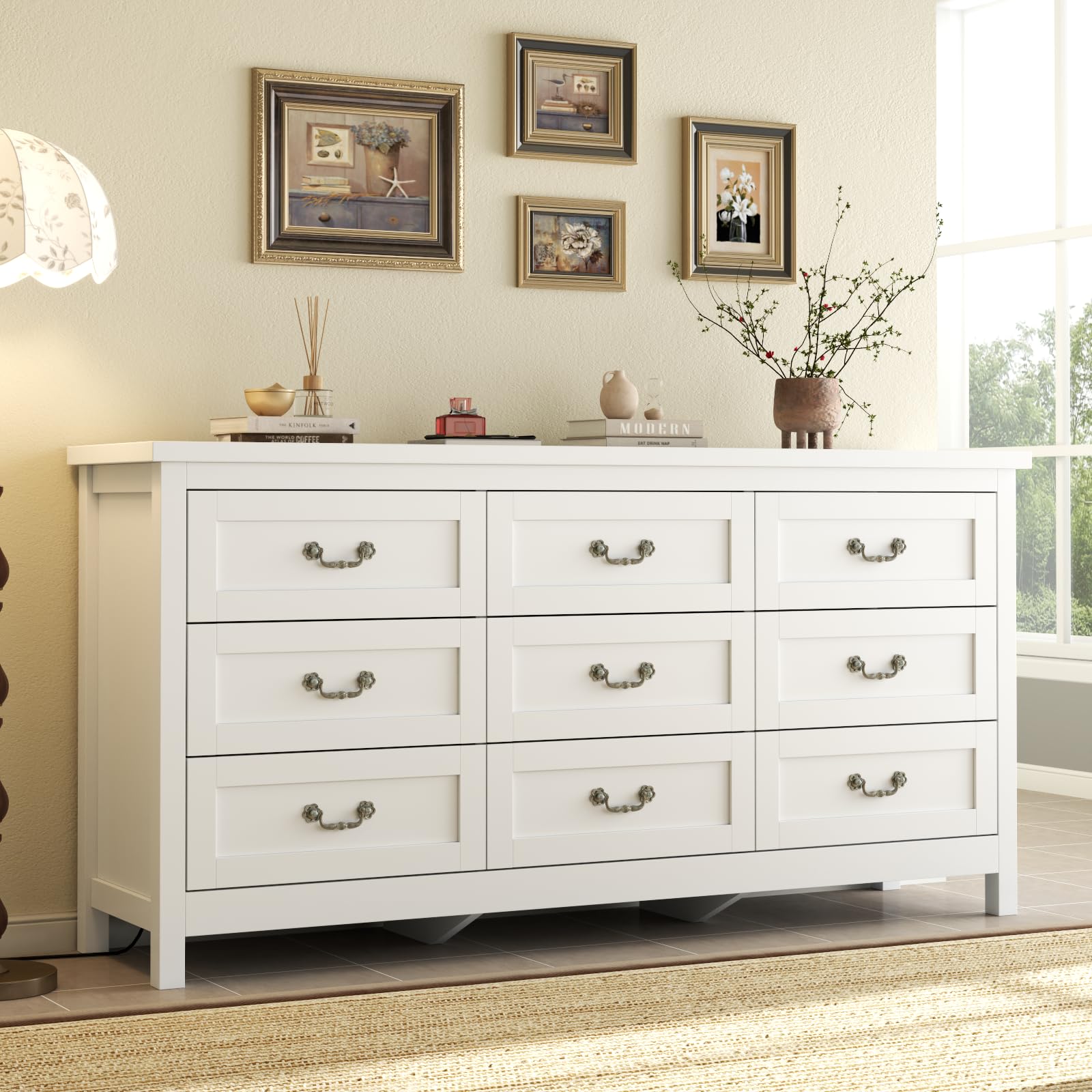 Amazon.com: Loomie Upgraded 9-Drawer Dresser for Bedroom, 63" Wide Dresser  TV Stand for TVs up to 75", Farmhouse Long Storage Wooden Dressers  Organizer, Large Chest of Drawers with Vintage Pull for Closet,