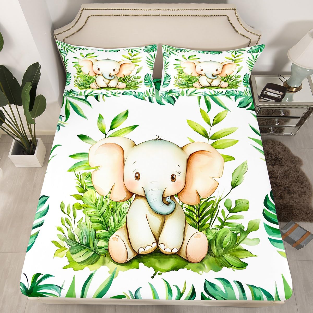 Cute Elephant Fitted Sheet Twin,Watercolor Jungle Animals Plants Bed Sheet 2 Pieces(No Flat Sheet),Tropical Palm Leaves Bedding Set for Kids Adults,Cartoon Wildlife Deep Pocket Sheet