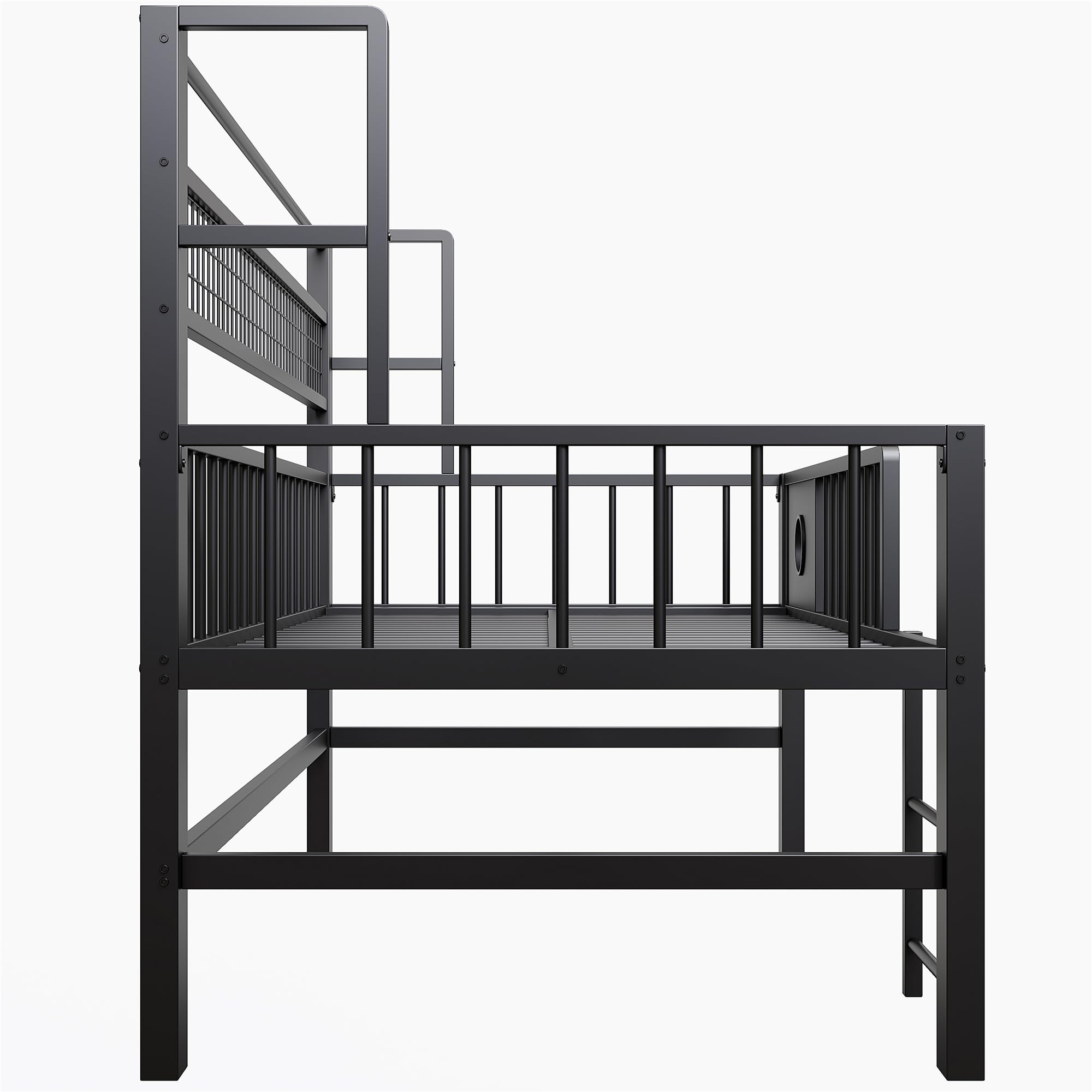 Łóżko dziecięce 90 x 200 cm, niskie łóżko piętrowe z metalową ramą i półkami, odpowiednie dla dzieci i młodzieży, kolor czarny.