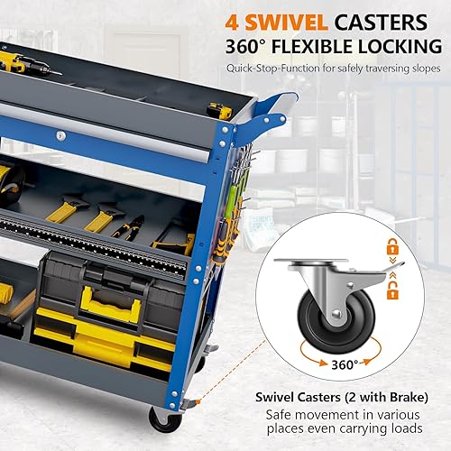 Miniatura 5 de Carrito de herramientas de 3 niveles, carrito de herramientas rodante de capacidad de 440 libras con cajones, carrito de servicio industrial