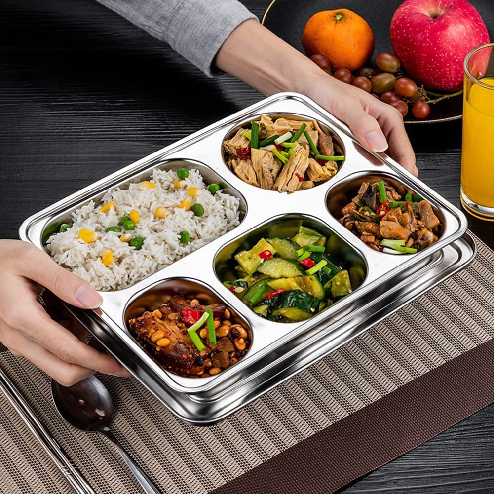 Plateau à dîner divisé en 5 sections avec couvercle, assiettes divisées rectangulaires en acier inoxydable 304, plateau de service compact boîte à lunch pour le contrôle des aliments (lot de 100)