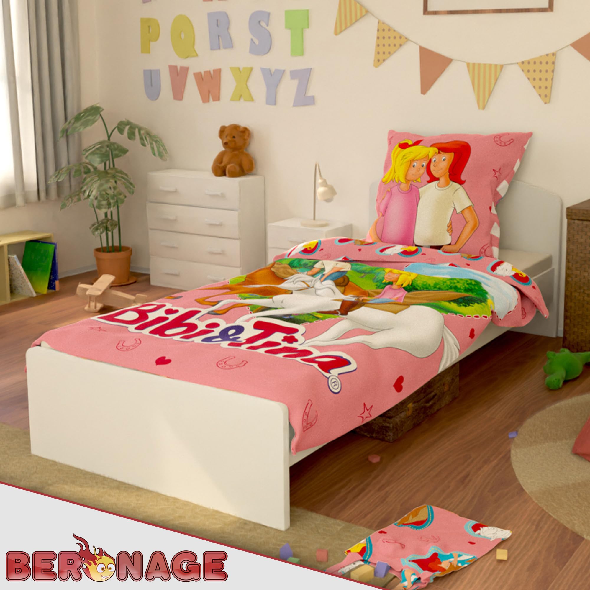 BERONAGE Bibi und Tina Kinderbettwäsche Herz - 135 x 200 cm + 80 x 80 cm – 100% Baumwolle Renforcé-Linon – Bettwäsche mit Motiven von Amadeus & Sabrina - Reiten - Reißverschluss, deutsche Größe