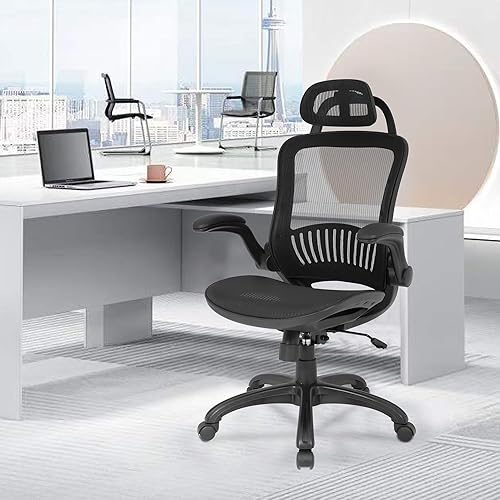 Miniatura 2 de Silla de oficina ergonómica de malla, silla de computadora con soporte lumbar, reposacabezas y brazos abatibles, giratoria, ajustable, para adultos