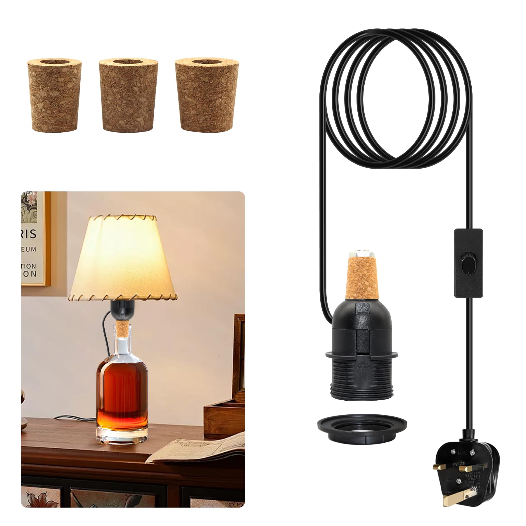 Lamp Kits Do it Yourself, Bottle Lamp Kits, 240cm Black Bottle Lamp Adaptor Kit