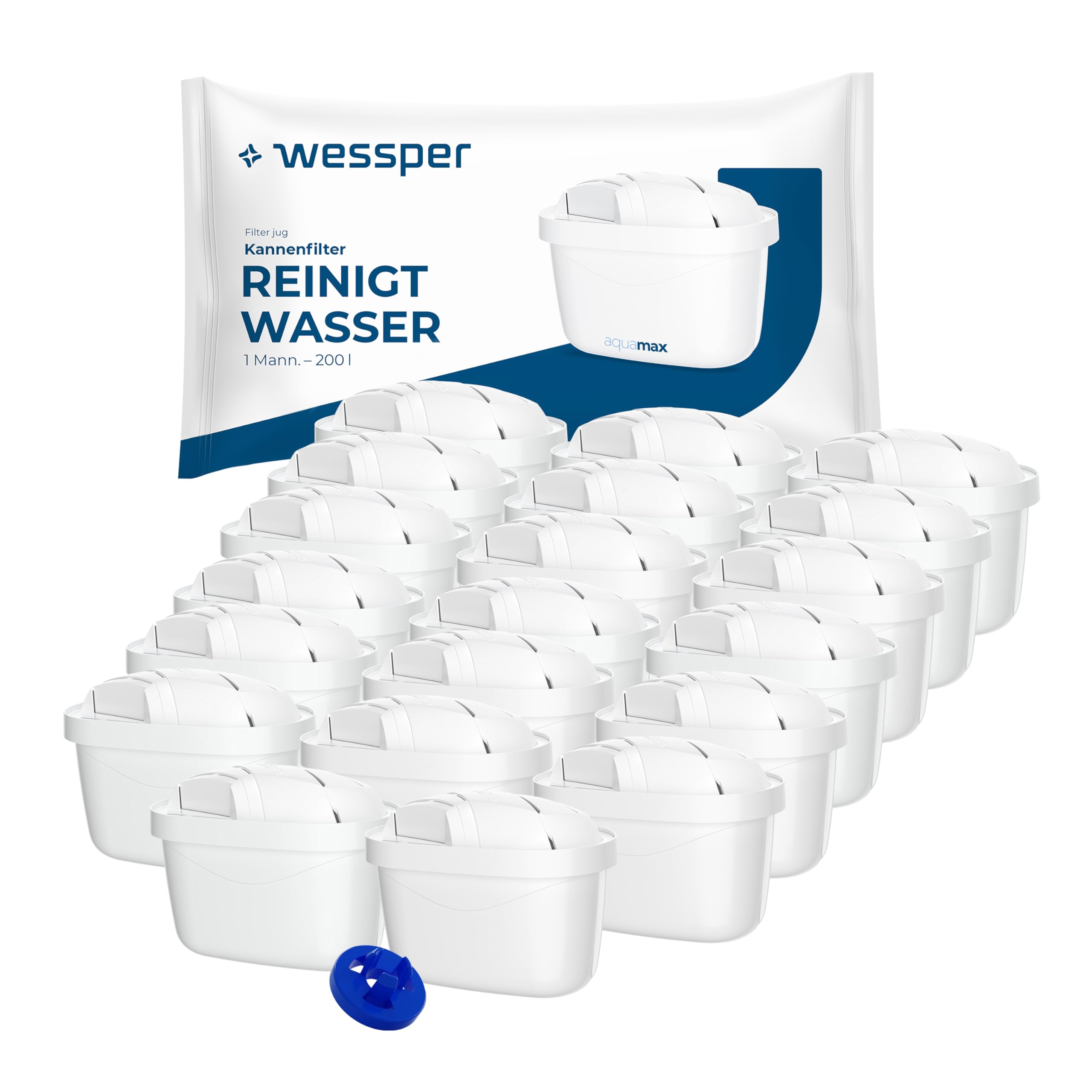Wessper Wasserfilter Kartuschen 20er Set | Kompatibel mit Brita, Dafi, Philips und Aquafloow Wasserfilterkannen | Reduziert Chlor & Kalk für reineres Trinkwasser | Kompatibel mit Wasserfilterkannen