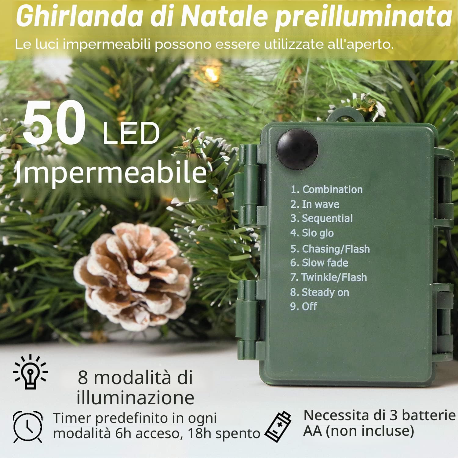 HomeKaren Ghirlanda natalizia preilluminata da 2,8 m con 50 luci a LED, pigna e neve, decorazione natalizia a batteria, per scale a mantello, interni ed esterni