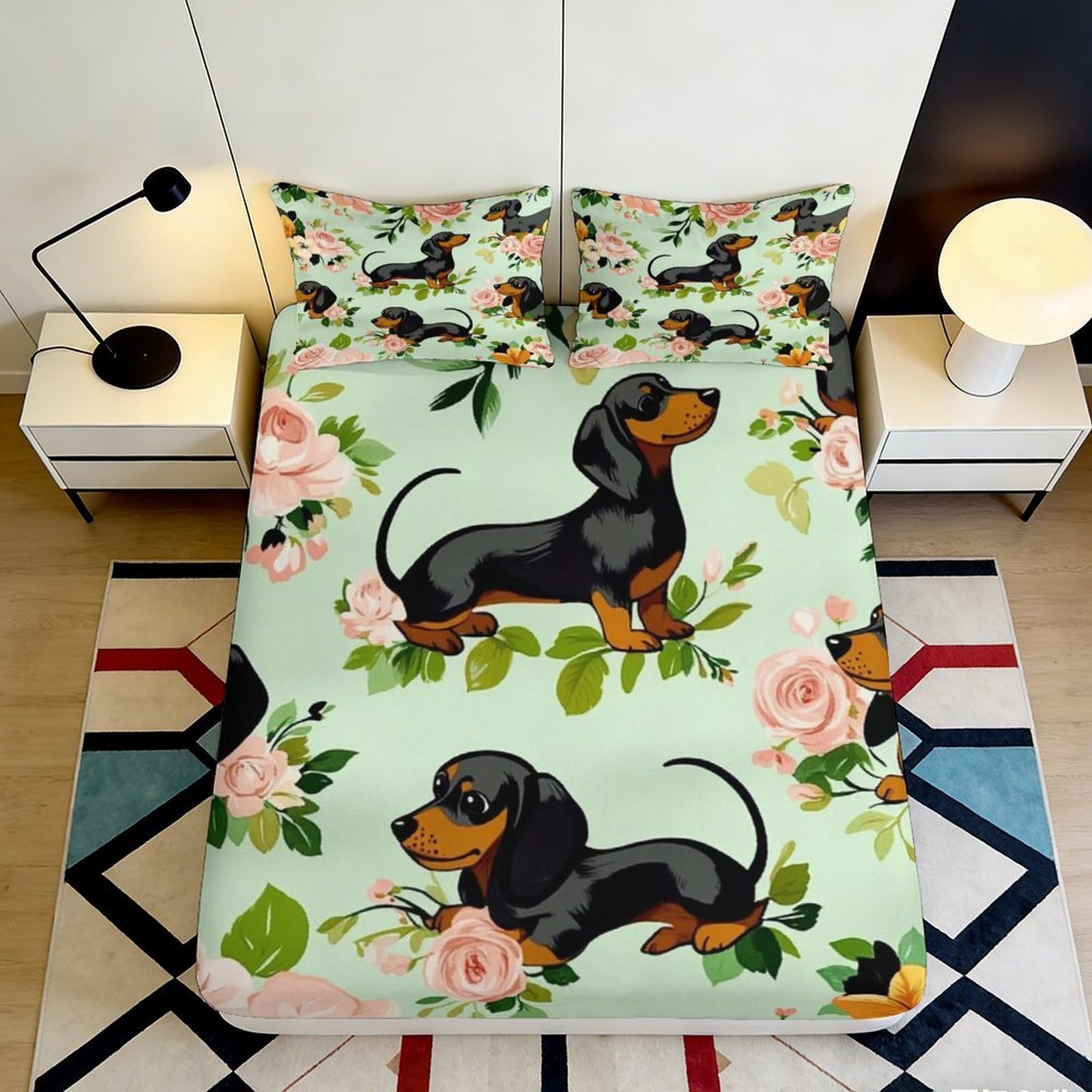 3D Printed Dachshund Floral Fitted Sheet Microfiber Anti-Slip Bed Cover for Bedroom Guest Room Decor Machine Washable 90x200x25cm