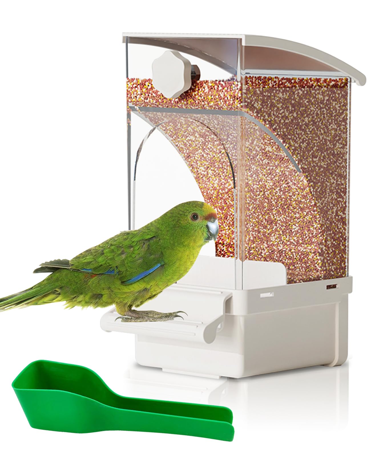 Hamiledyi Automatic Bird Feeder No Mess Bird Cage Feeder Transparent Acrylic Parrot Seed Food Container with Perch Cage Accessories for Parakeet Finch Lovebirds Budgies Canary (White)