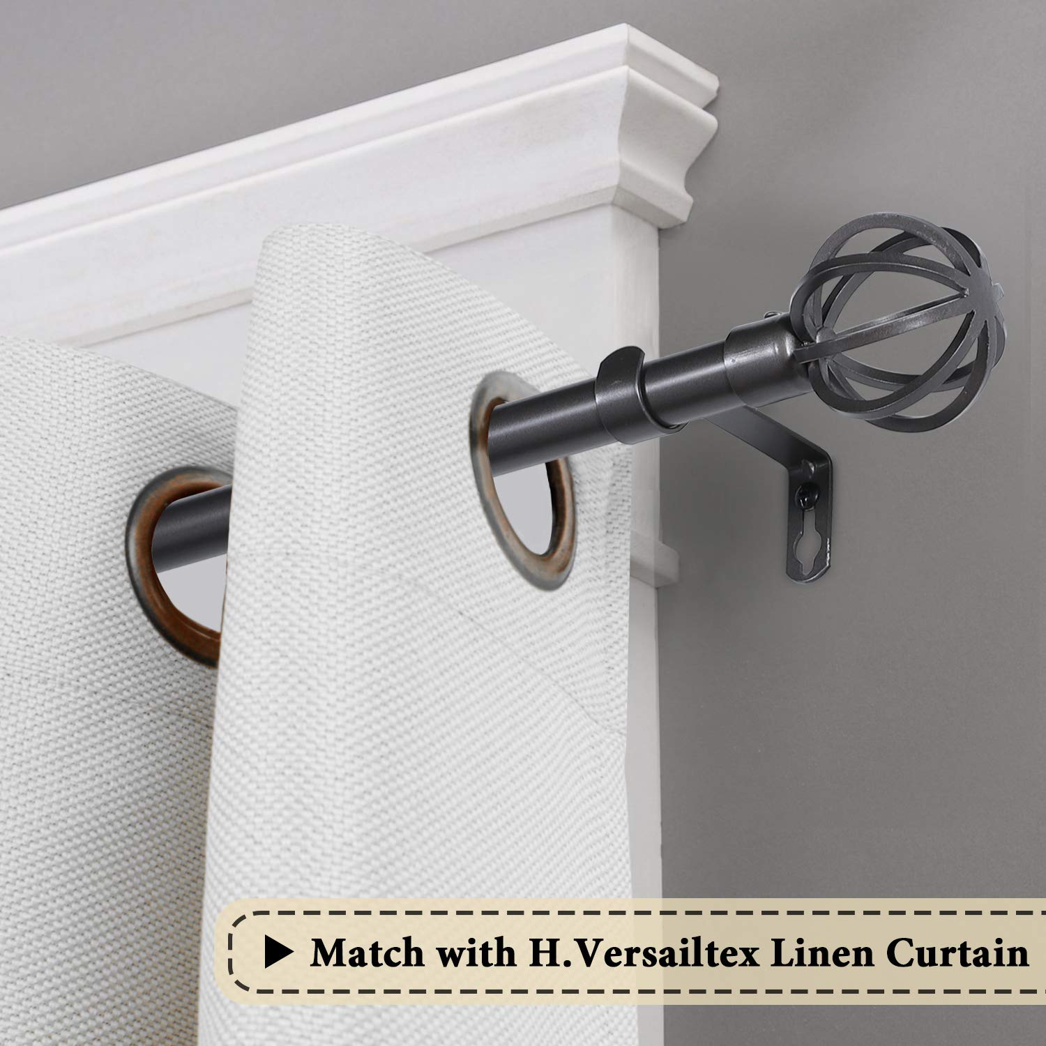 H.VERSAILTEX Window Curtain Rods for Windows 48 to 84 Inches Adjustable Decorative 3/4 Inch Diameter Standard Single Window Curtain Rod Set with Round Cage Finials, Pewter