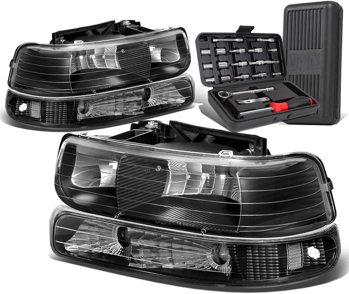 Auto Dynasty Black Housing Clear Corner Headlight With Bumper Lamps+Tool Kit Compatible with Chevy Silverado Surburban Tahoe 99-06