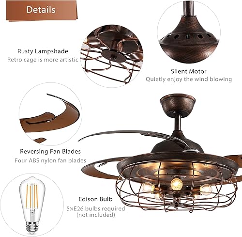 Miniatura 5 de CROSSIO Ventilador de techo retráctil de 48 pulgadas con luces, lámpara industrial oxidada inversa con control remoto para sala de estar, comedor y