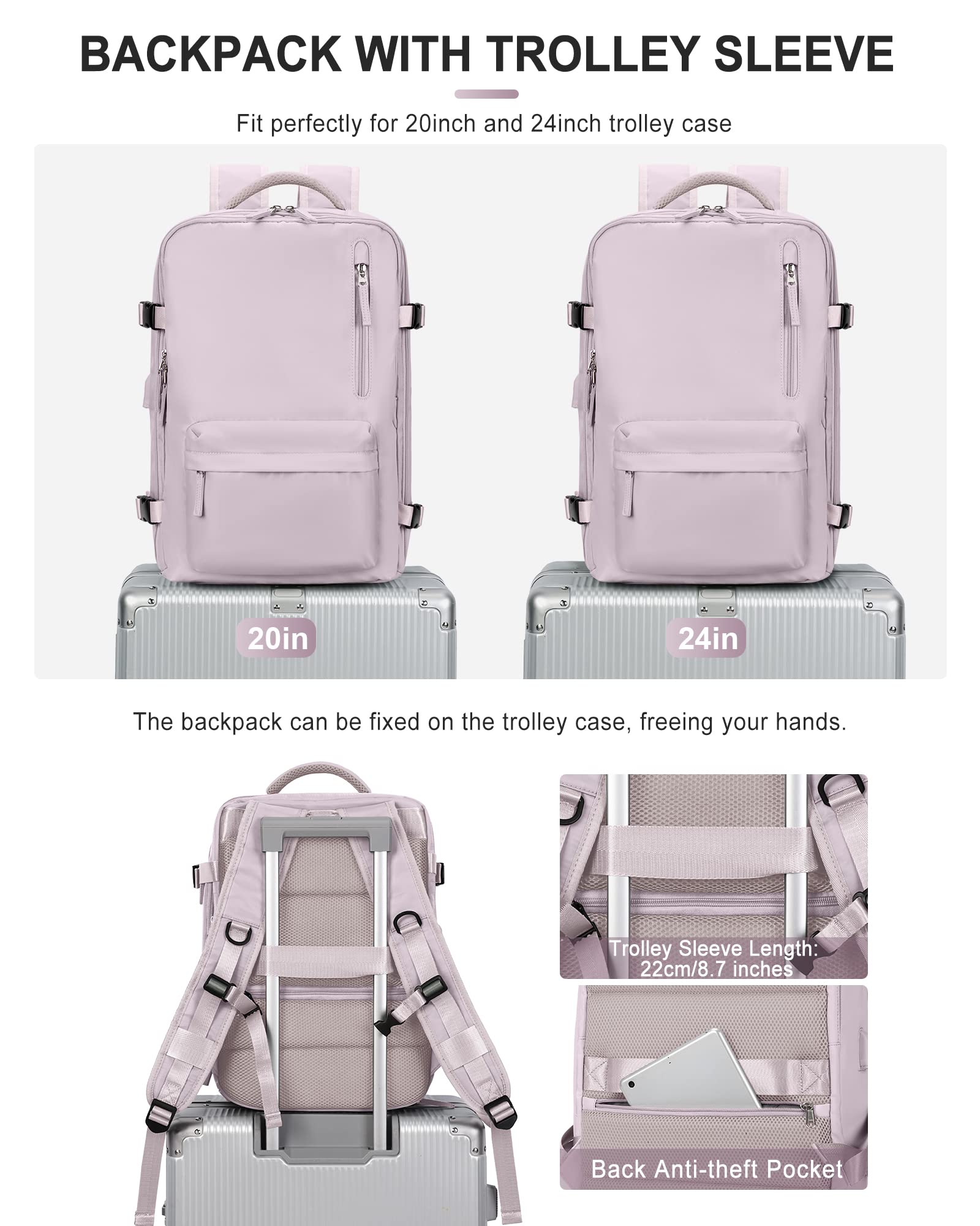 Zaino da Viaggio per Easyjet 45x36x20 Bagaglio a Mano Zaino Borse da Cabina per Ryanair Il Sedile Zaino Aereo Bagaglio a Mano Borsa Cabina Viaggio Zaino Travel Viaggio Casual Daypack,J3-Viola Rosa