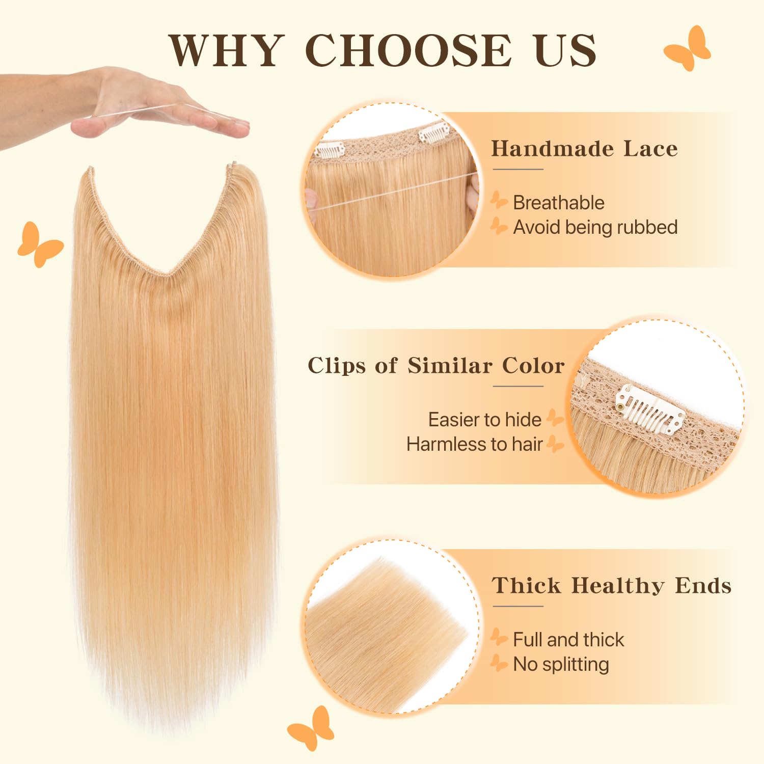 TESS Halo & Clip in Hair Extension 100% Real Human Hair Wig One Piece Adjustable Invisible Transparent Wire with 2 Secure Clips for Women UK #24 Natural Blonde 16 inch 65g - Image 3