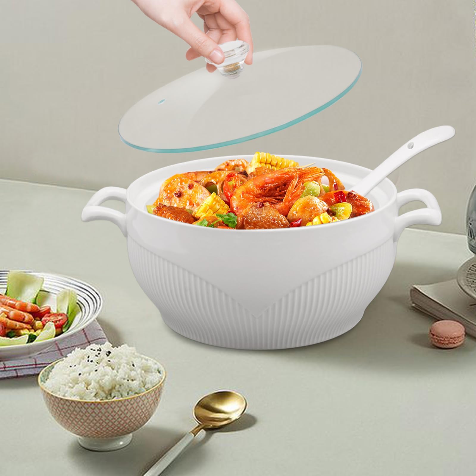 Suppenterrine aus Keramik, rund, aus weißem Porzellan, Auflaufform, Servierschüssel, dekoratives Geschirr für Suppe, Müsli, Eintopf, Chill, Miso-Suppe