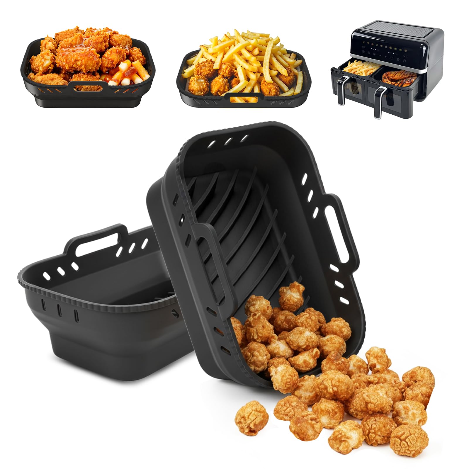 AMFUN 2PCS Silicone Air Fryer Liners for AF200EU AF300EU AF400EU Keplin 9L, Reusable Air Fryer Accessories, Non-Stick & Dishwasher Safe, Black