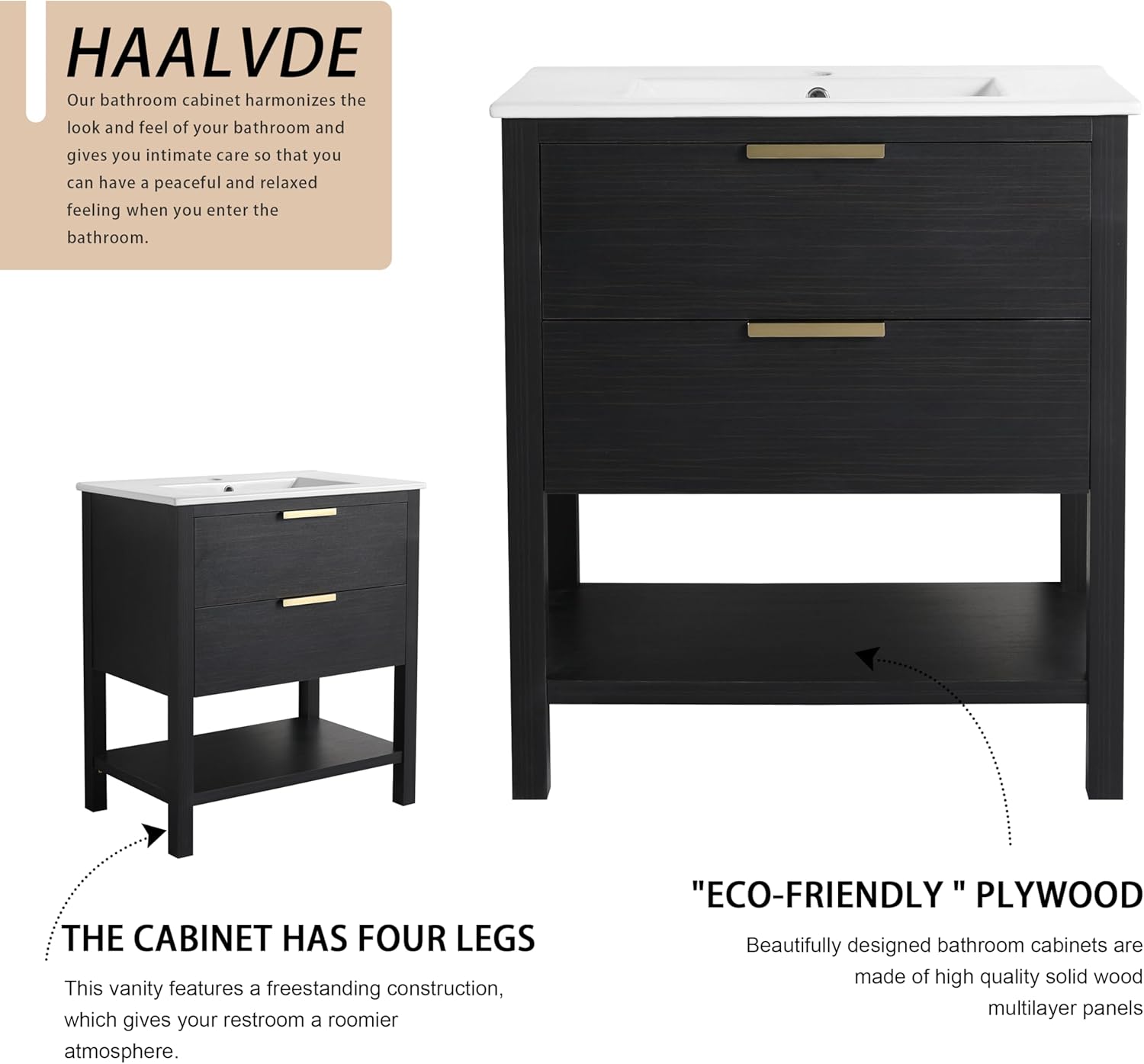 30 Inch Bathroom Vanity with Sink, 30" Freestanding Vanity with Open Shelf for Storage, Plywood Wooden Cabinet with Ceramic Sink, Modern Floor-Standing Cabinet Set, 2 Drawers with Compartments