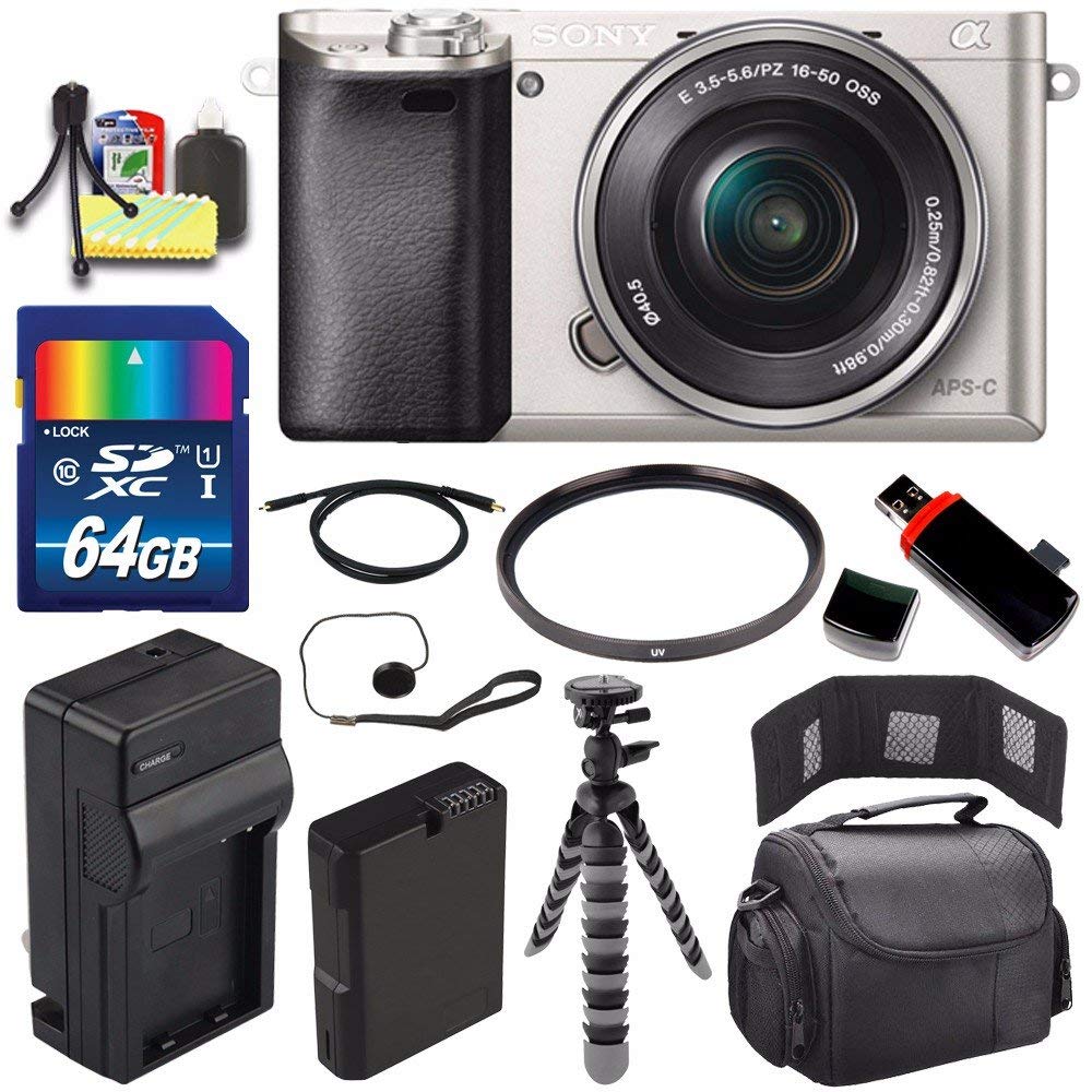Sony Alpha a6000 Mirrorless Digital Camera with 16-50mm Lens (Silver) + Battery + Charger + 64GB Bundle 3 - International Version (No Warranty)