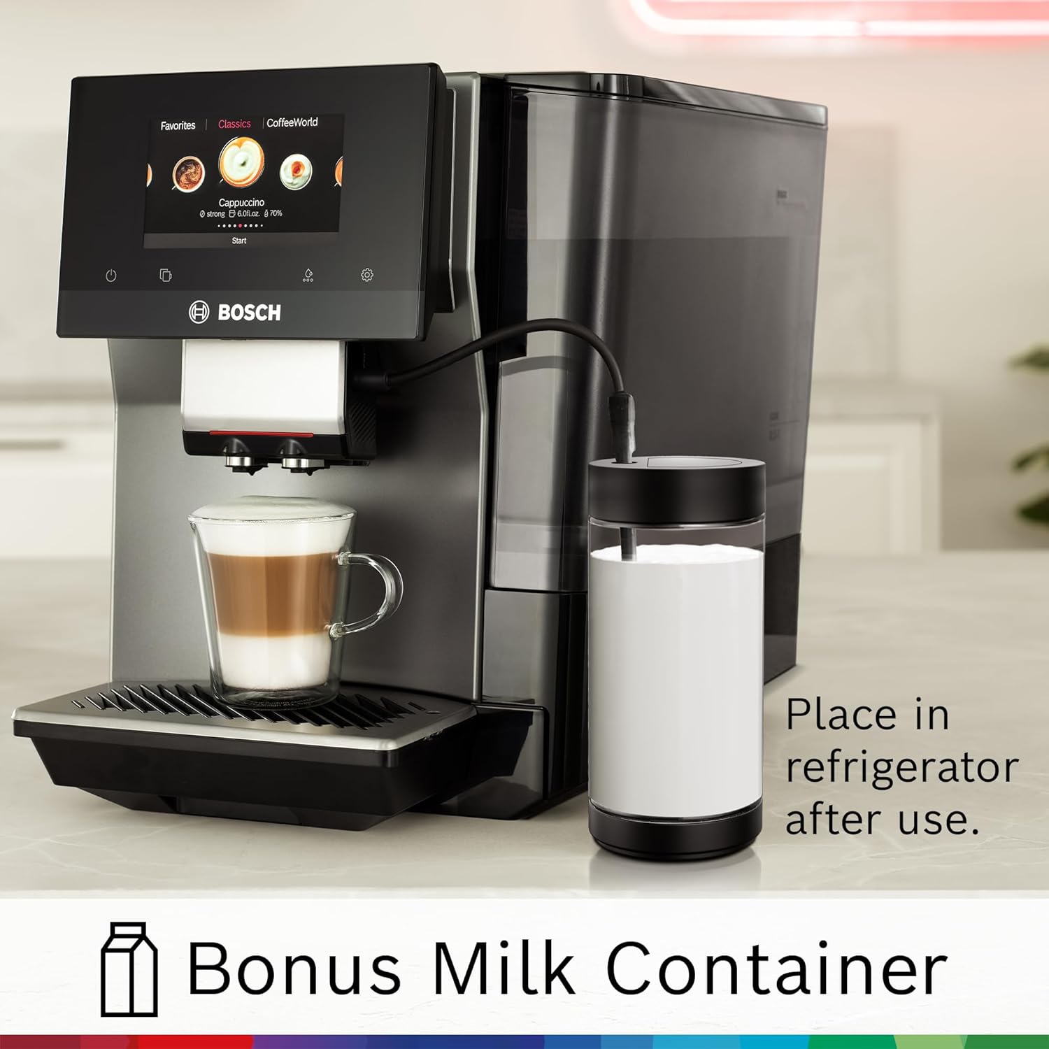 Bosch 800 Series Fully Automatic Espresso and Coffee Machine – 36 Drinks with Coffee World, Cold Brew, Double Cup, Milk Hose, Glass Milk Container, in Metallic Silver TPU60501 Metallic Silver With Milk Container
