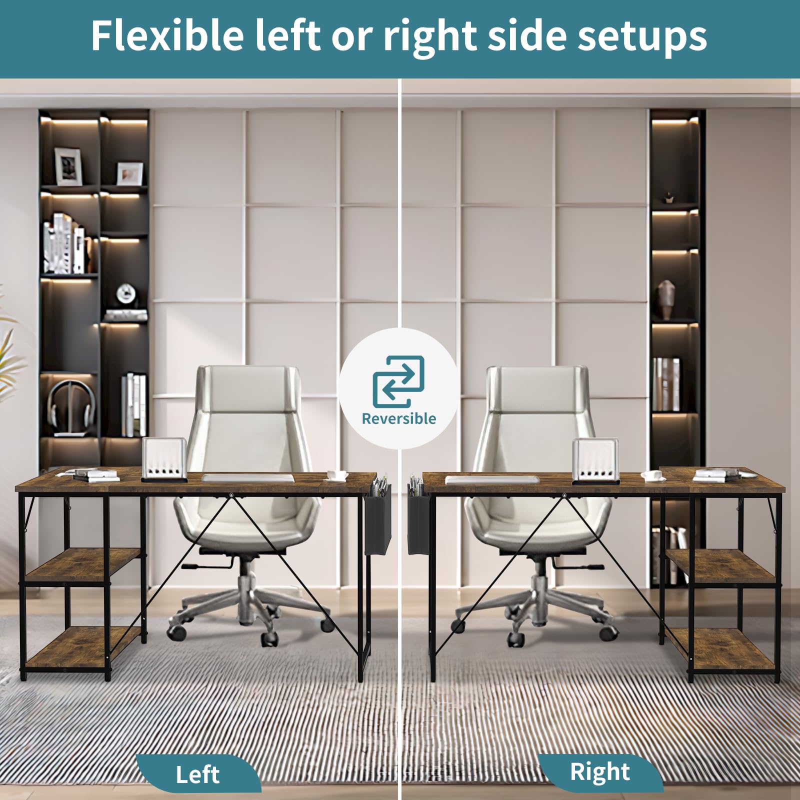 TRIUMPHKEY Scrivania ad Angolo Reversibile 140 x 80cm, Scrivania a Forma di L con Ripiani,Tavolo da Lavoro,Struttura in Acciaio, per Computer, Ufficio, Studio and Soggiorno, Marrone rustico