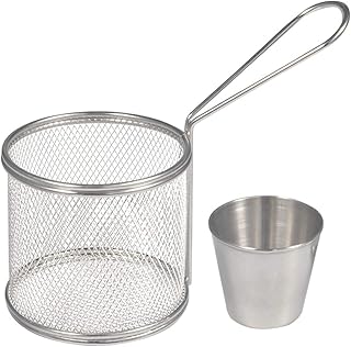 Paniers à Frites en Acier Inoxydable Français Frites Maille Friteuse Porte-Panier Outil de Cuisson avec Sauce Tasse pour Table(2pcs paniers + 2pcs Tasses)