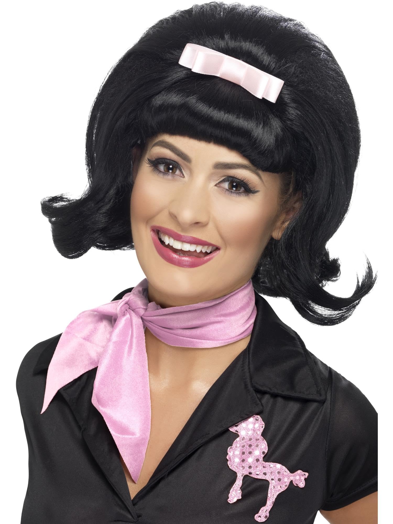 Smiffys 50s Flicked Beehive Bob, Black with Ribbon Bow, 1950's Rock'n'Rolla Fancy Dress, 1950s Dress Up Wigs Halloween