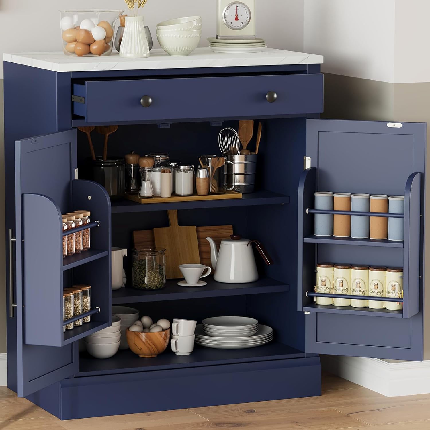 29” Coffee Bar Cabinet with Storage, Small Kitchen Cabinet with Drawers & Faux Marble Countertop, Farmhouse Coffee Bar with Shelves for Dining Room Kitchen, Easy Assembly (Blue)