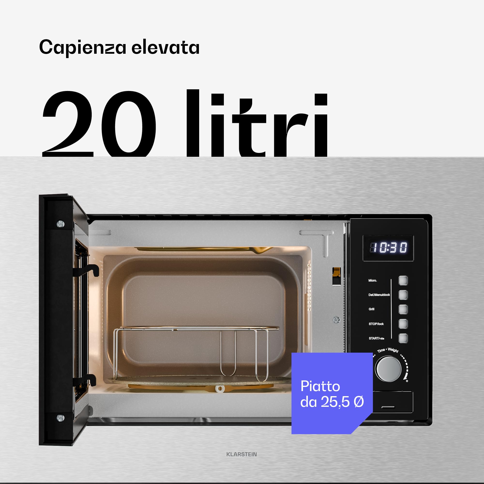 Klarstein Verosteel Microonde da Incasso con Grill – 20L, 700W Microonde & 800W Grill, 8 Programmi, Touch, Acciaio Inox, Forno Microonde Incasso, Acciaio inossidabile