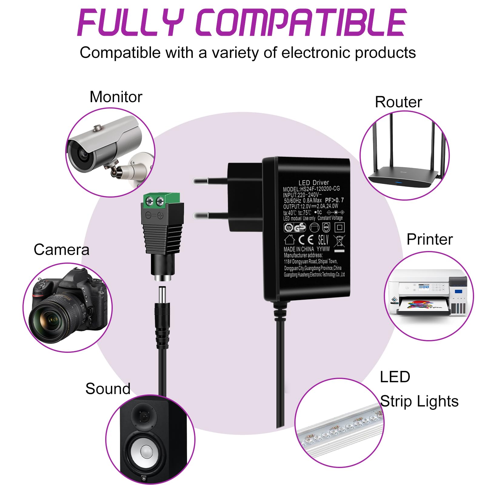 Adattatore di Alimentazione DC 12V 2A 24W,AC 100-240V a DC 12V per Strisce LED, Radiosveglia, Scanner, Aspirapolvere, Router