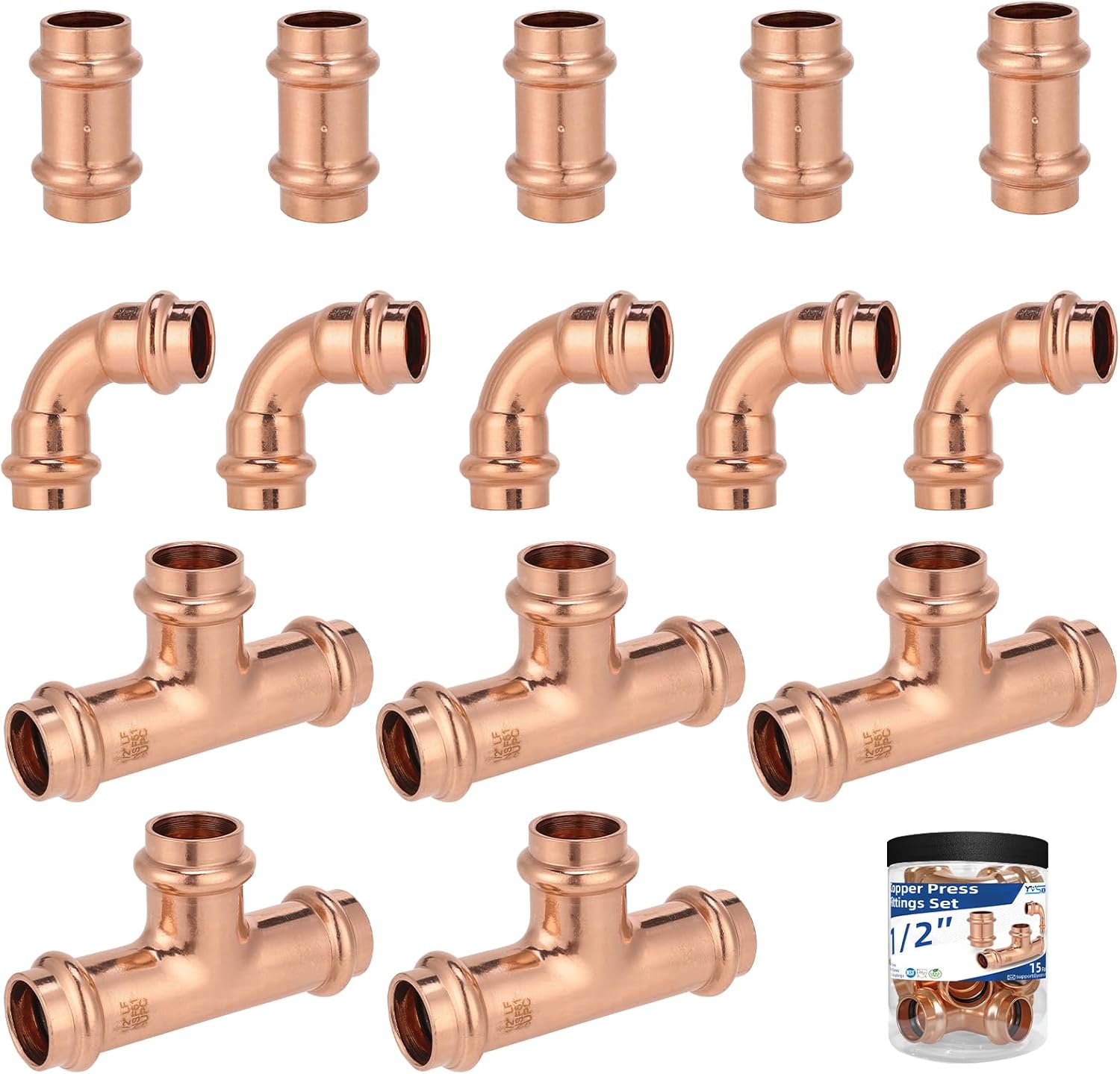 (15-Pack YVSKM) 1/2" Press Fittings Assortment Kit – 5 Tee + 5 Coupling + 5 Elbow with Stop, Zero Lead, Fits 1/2 Inch Pipe Systems for Water Lines, Heating Loops, Repair & Upgrade Projects