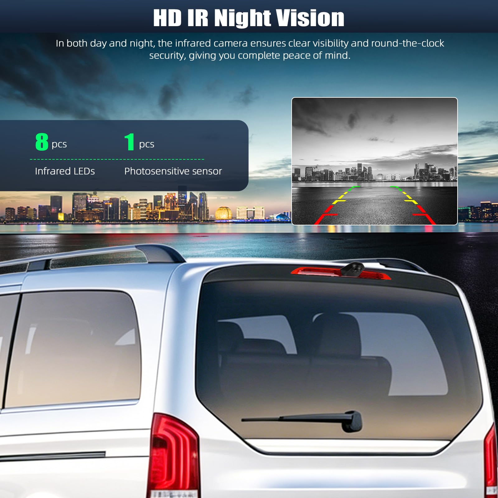 CAMECHO Visione Notturna Telecamera Posteriore con Luce Stop per Mercedes-Benz V260 2018 / Mercedes-Benz V260L 2018 Telecamera di Retromarcia con HD/CVBS IP67 140°, Linee Guida per il Parcheggio